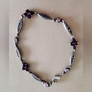 Vintage Bracelet Amethyst Color Pink‎ Crystals Silver 8" Toned Costume Jewelry